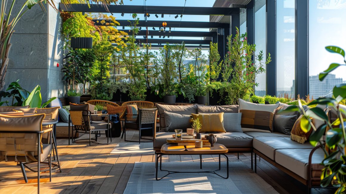Terrasse professionnelle aménagée avec canapés, chaises, tables, tapis et plantes luxuriantes