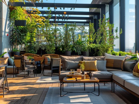 Terrasse professionnelle aménagée avec canapés, chaises, tables, tapis et plantes luxuriantes