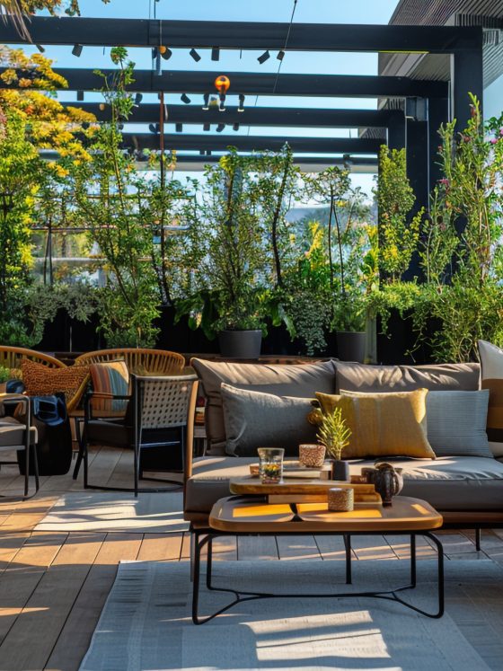Terrasse professionnelle aménagée avec canapés, chaises, tables, tapis et plantes luxuriantes