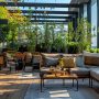 Terrasse professionnelle aménagée avec canapés, chaises, tables, tapis et plantes luxuriantes