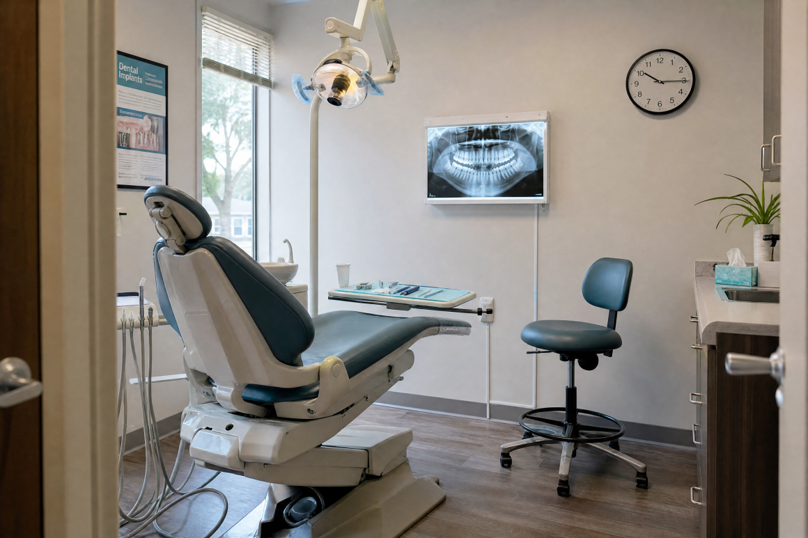 Cabinet dentaire aménagé avec chaise de soins, lampe, écran avec radiographie dentaire, tabouret et instruments rangés