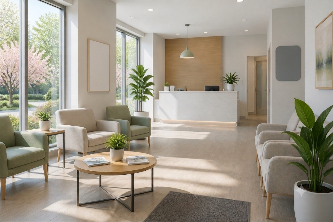 Salle d'attente lumineuse incluant grandes baies, réception, fauteuils, table basse en bois et plantes