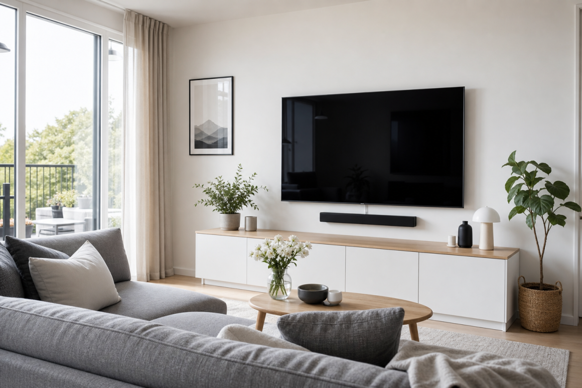 Salon incluant canapé gris, table basse, meuble TV avec rangements, télévision murale et plantes