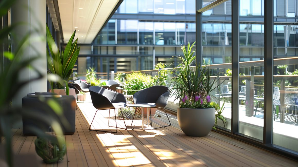 Terrasse lumineuse incluant plantes luxuriantes, fauteuils et table basse