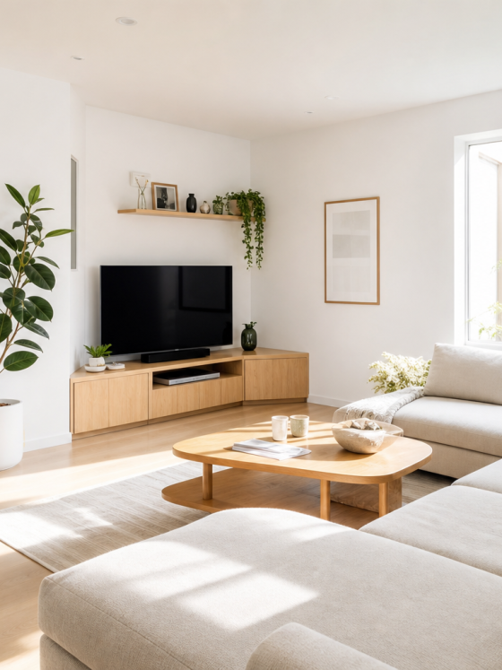 Salon lumineux incluant coin télé aménagé dans un angle, plantes, table basse avec canapé d'angle