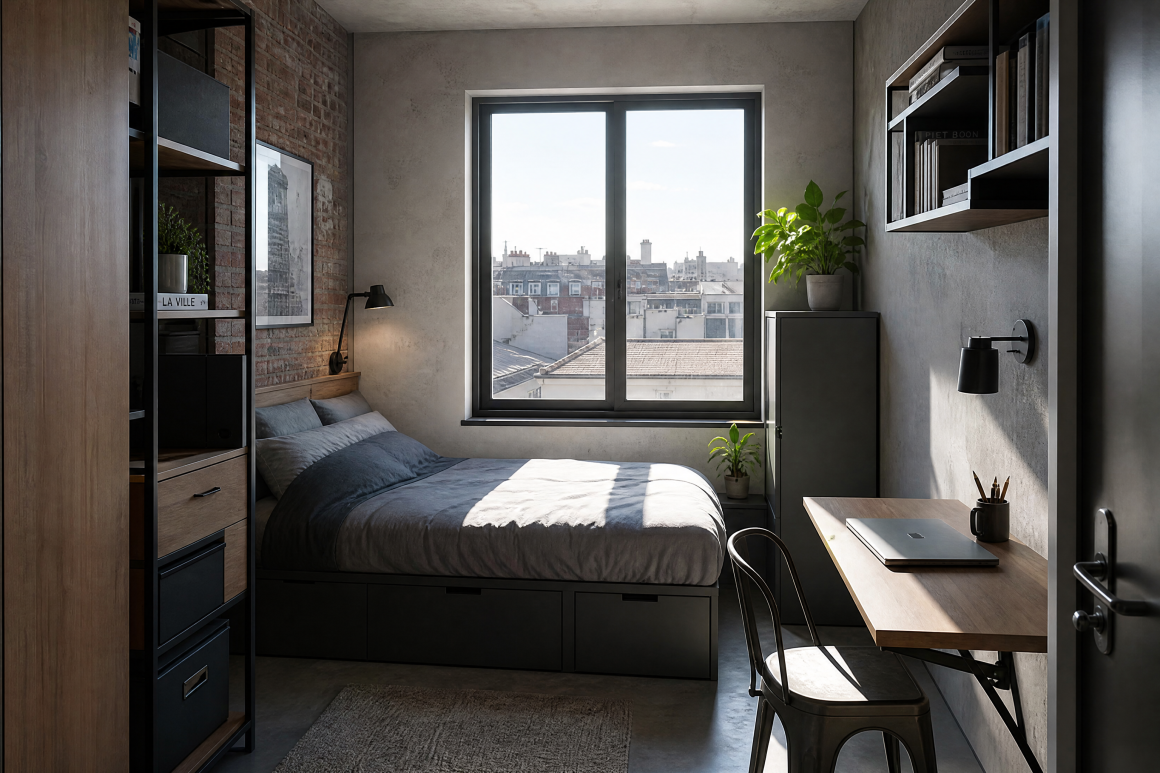 Chambre compacte incluant lit avec rangement intégré, bureau pliant et étagères en bois