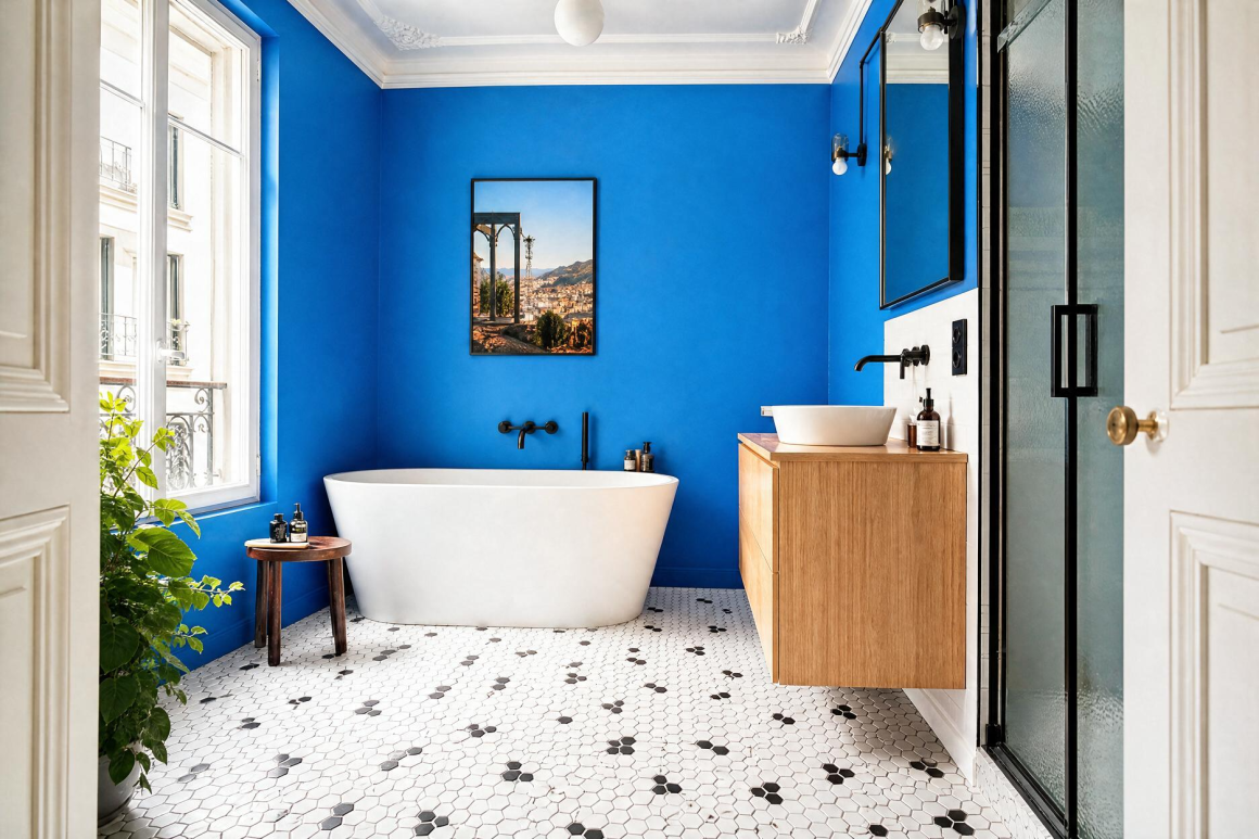 Salle de bain incluant mur bleu vif, baignoire îlot, lavabo sur meuble en bois et sol mosaïque hexagonale noir et blanc