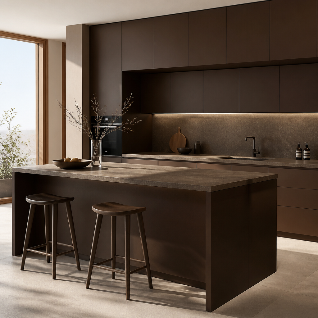Cuisine minimaliste aux tons chocolat incluant îlot central avec tabourets en bois