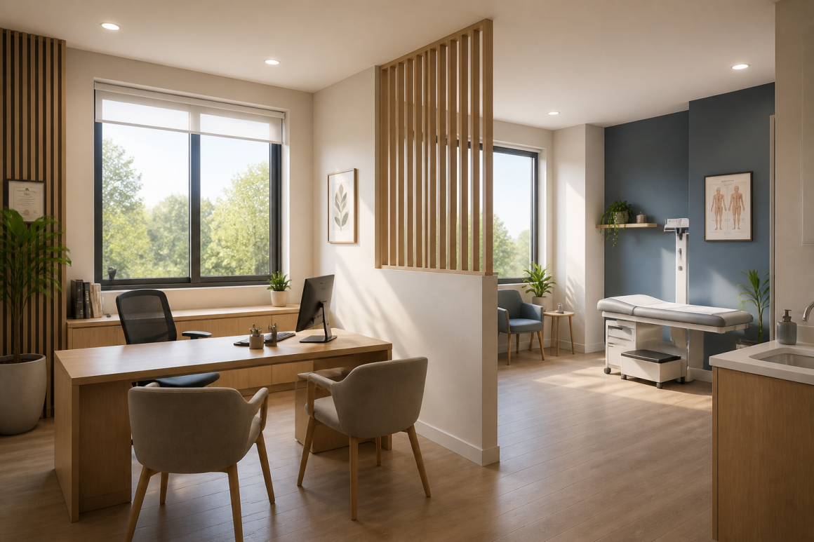 Cabinet médical aménagé avec bureau en bois, séparation et espace consultation avec table d'examen