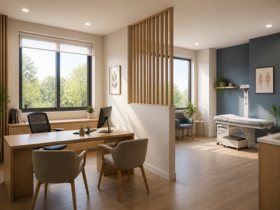 Cabinet médical aménagé avec bureau en bois, séparation et espace consultation avec table d'examen