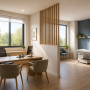 Cabinet médical aménagé avec bureau en bois, séparation et espace consultation avec table d'examen