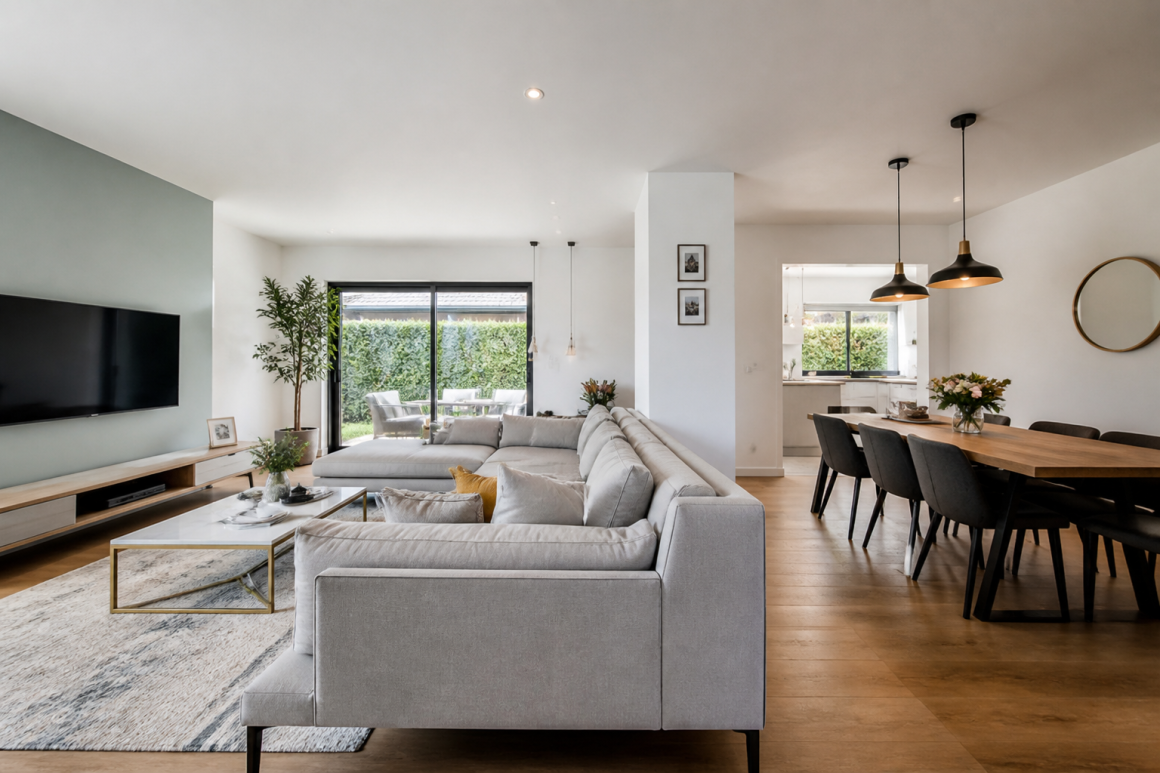 Salon et salle à manger, séparés par un canape, aménagés avec table en bois, suspensions, table basse et plantes