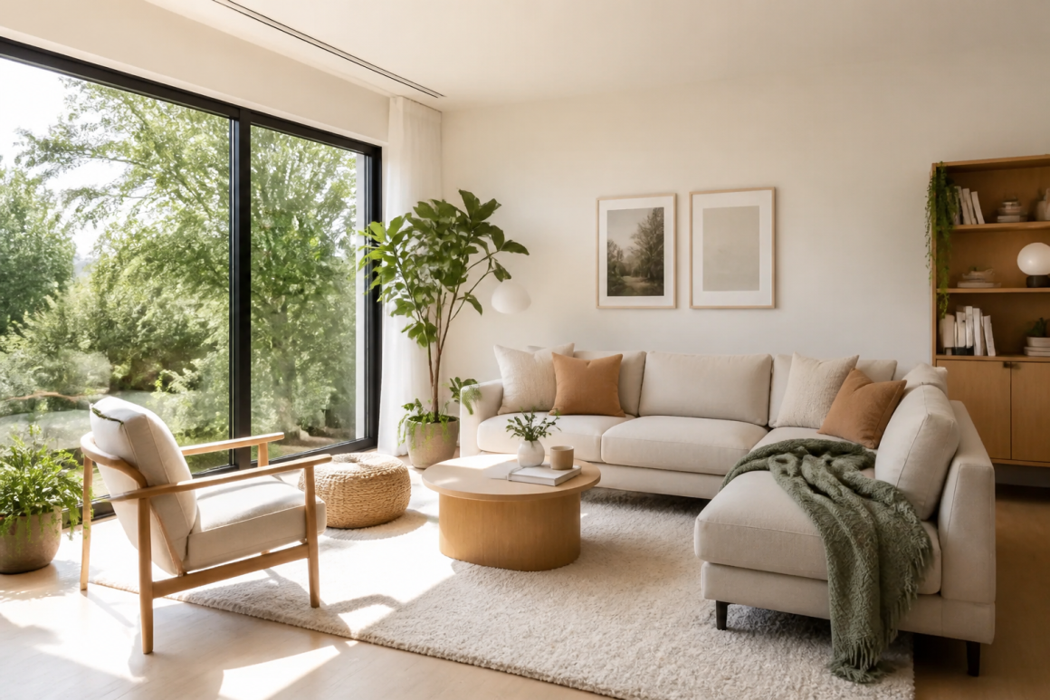 Petit salon avec baies vitrées, canapé beige, fauteuil en bois, tapis moelleux et plantes