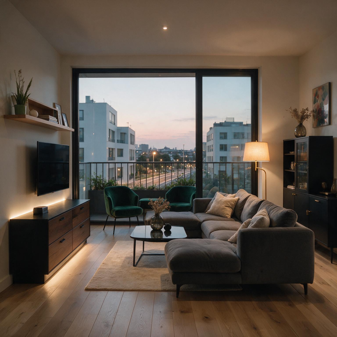 Petit salon aménagé avec canapé gris, installé au centre, avec table basse, meuble TV, étagères et lampadaire