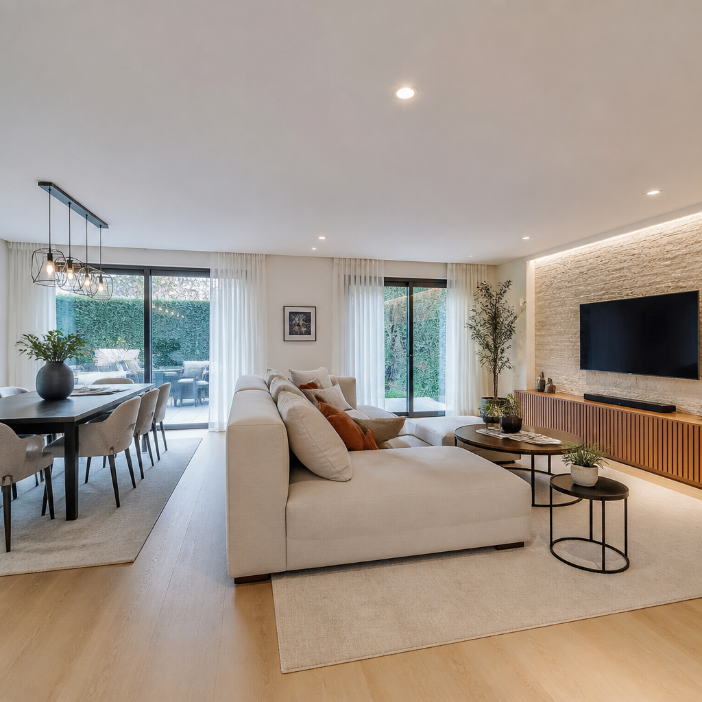 Canapé beige, table basse ronde, grande baie vitrée, coin repas et plantes dans un salon moderne