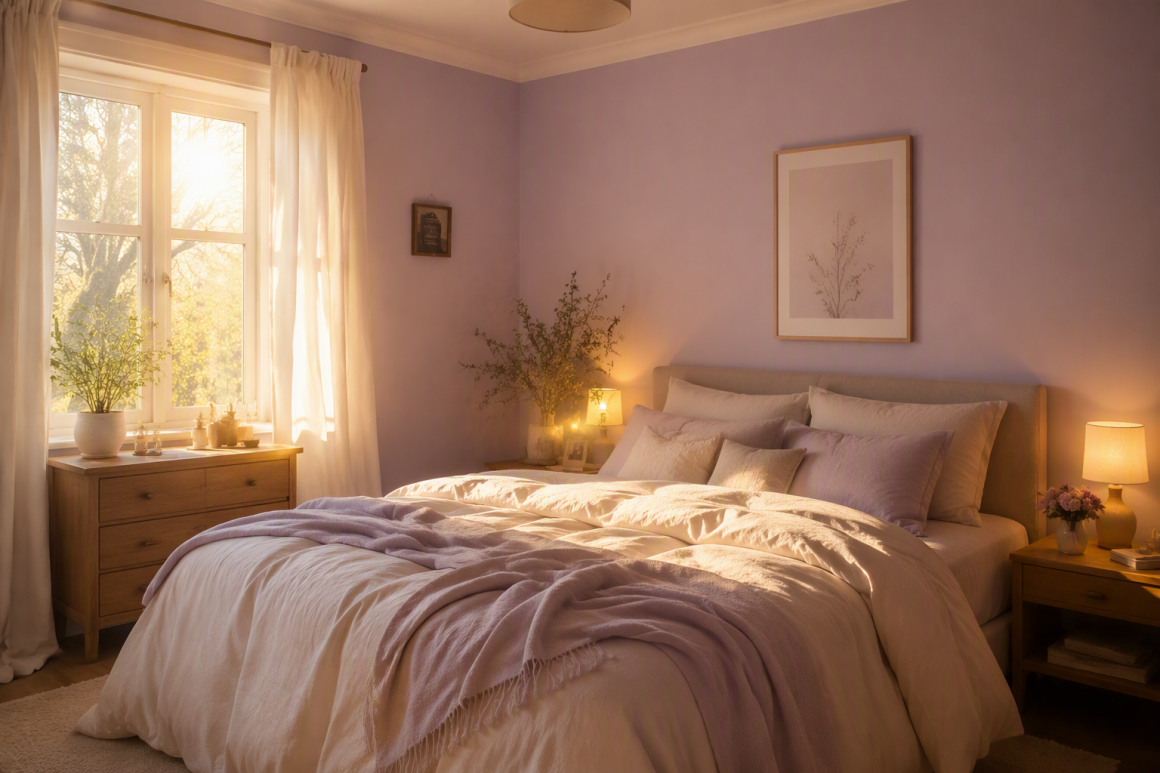 Chambre lumineuse aux tons lavande aménagée avec lit douillet, luminaires, plantes et voilage