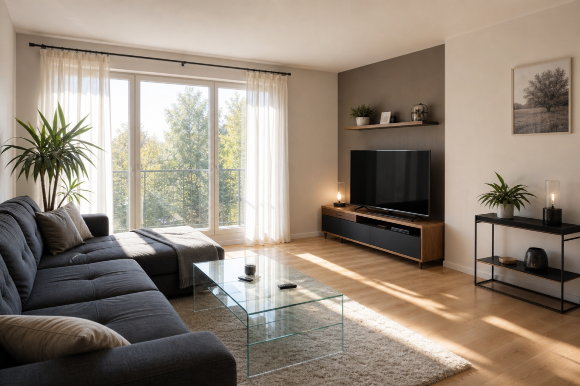 Salon avec canapé d'angle, table basse en verre, coin télé aménagé en angle avec meuble en bois er plantes