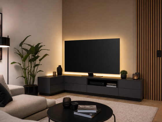 Coin TV aménagé avec meuble incluant des rangements et encadrée d'éclairage doux, plantes, table basse et canapé