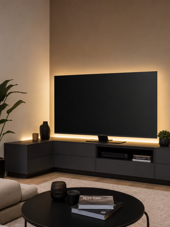 Coin TV aménagé avec meuble incluant des rangements et encadrée d'éclairage doux, plantes, table basse et canapé