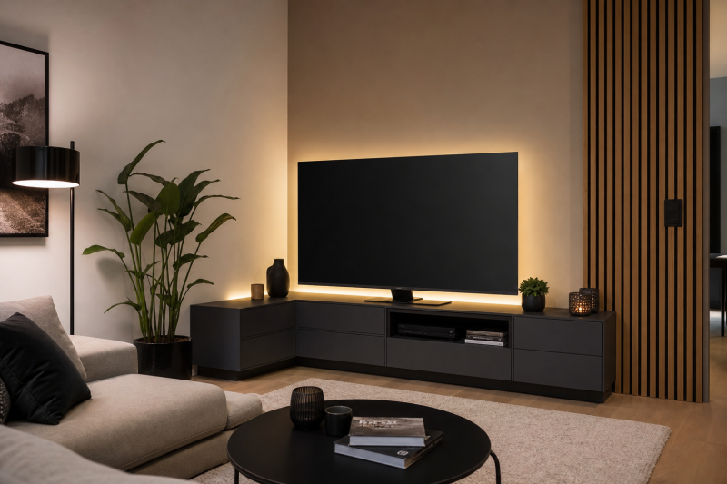 Coin TV aménagé avec meuble incluant des rangements et encadrée d'éclairage doux, plantes, table basse et canapé