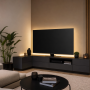 Coin TV aménagé avec meuble incluant des rangements et encadrée d'éclairage doux, plantes, table basse et canapé