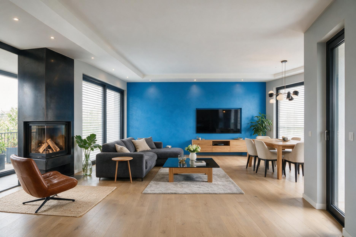 Séjour lumineux incluant mur bleu, canapé gris, cheminée, fauteuil cuir, table basse et coin repas