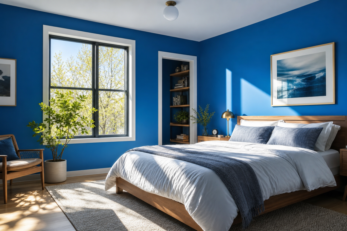 Chambre aux murs murs bleu profond, lit en bois clair, literie blanche et bleu et plante