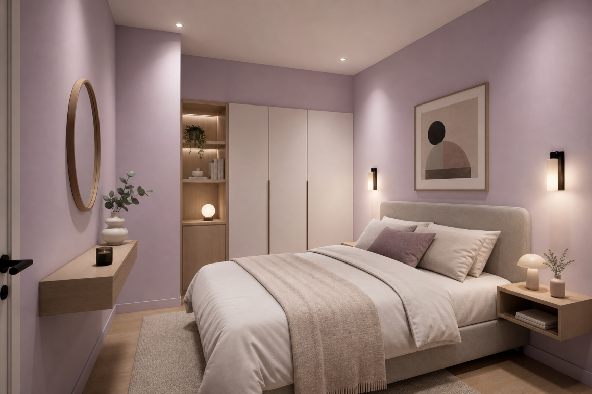 Tendance déco chambre 2027 : peinture lilas poudré, éclairage chaud, décor minimaliste et plantes