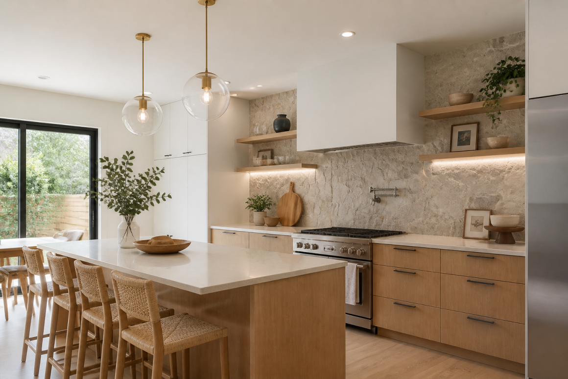 Cuisine en bois : îlot central, tabourets tressés, armoires en bois clair, plans beiges, étagères ouvertes et suspensions