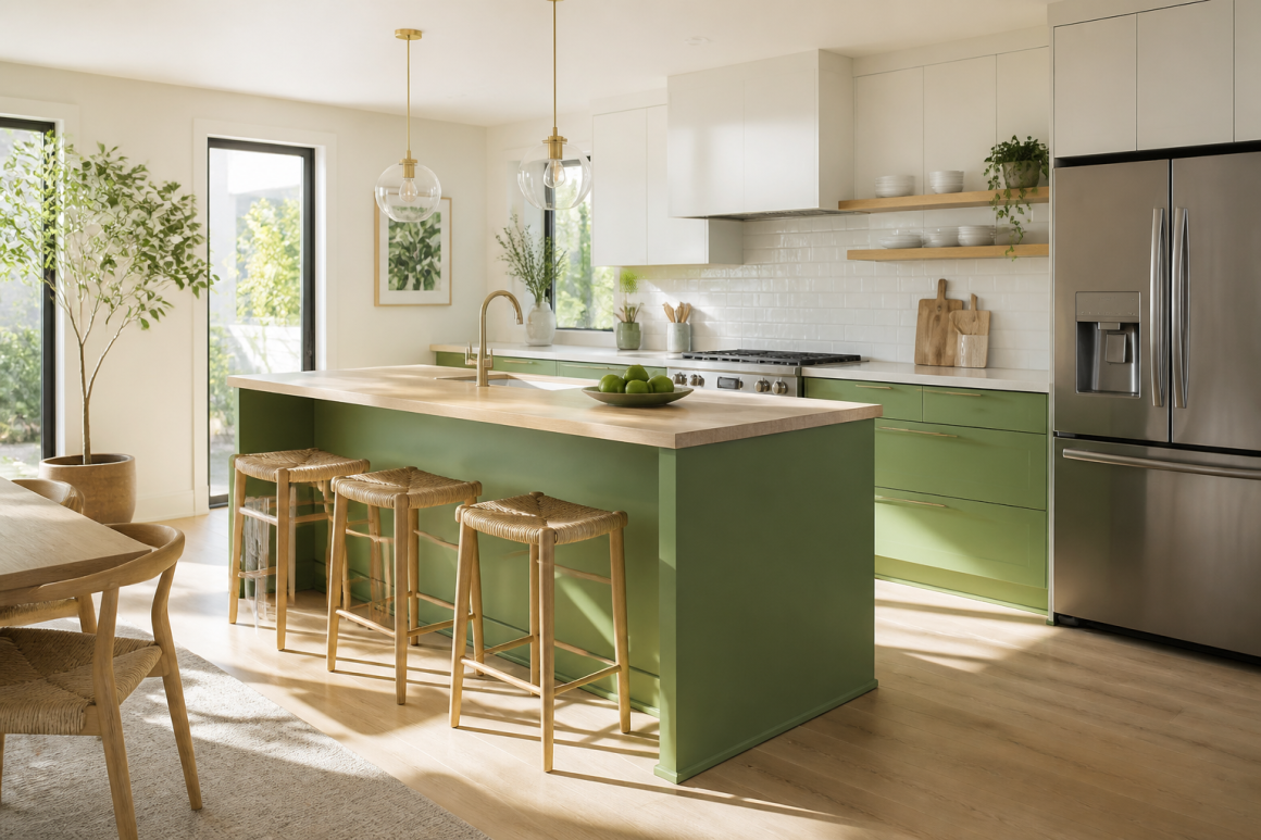 Cuisine incluant îlot vert avec plan de travail en bois, tabourets en osier, électroménager inox et plantes