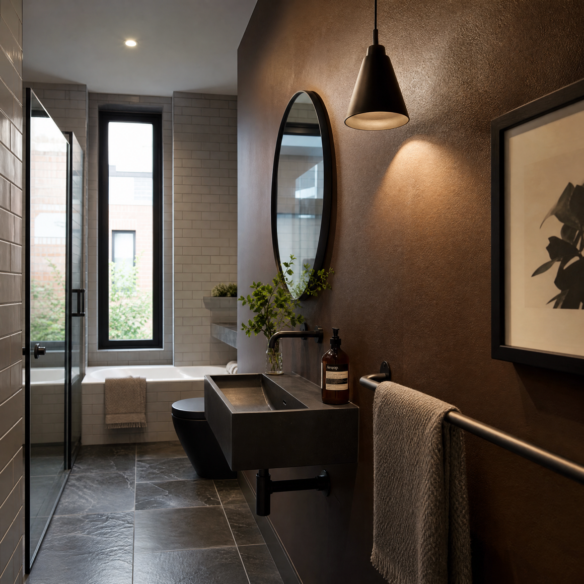 Salle de bain incluant mur brun chocolat, lavabo noir minimaliste, miroir et baignoire