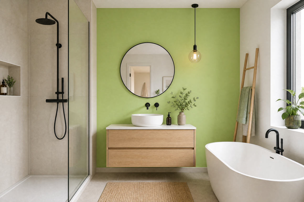 Salle de bain moderne : baignoire, douche vitrée, mur vert, meuble flottant en bois avec miroir et plantes