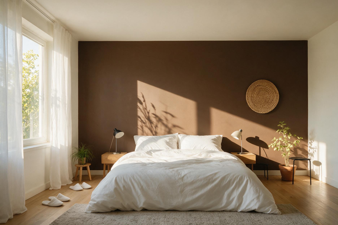 Chambre minimaliste : mur brun, mobilier en bois clair, rideaux transparents et plantes