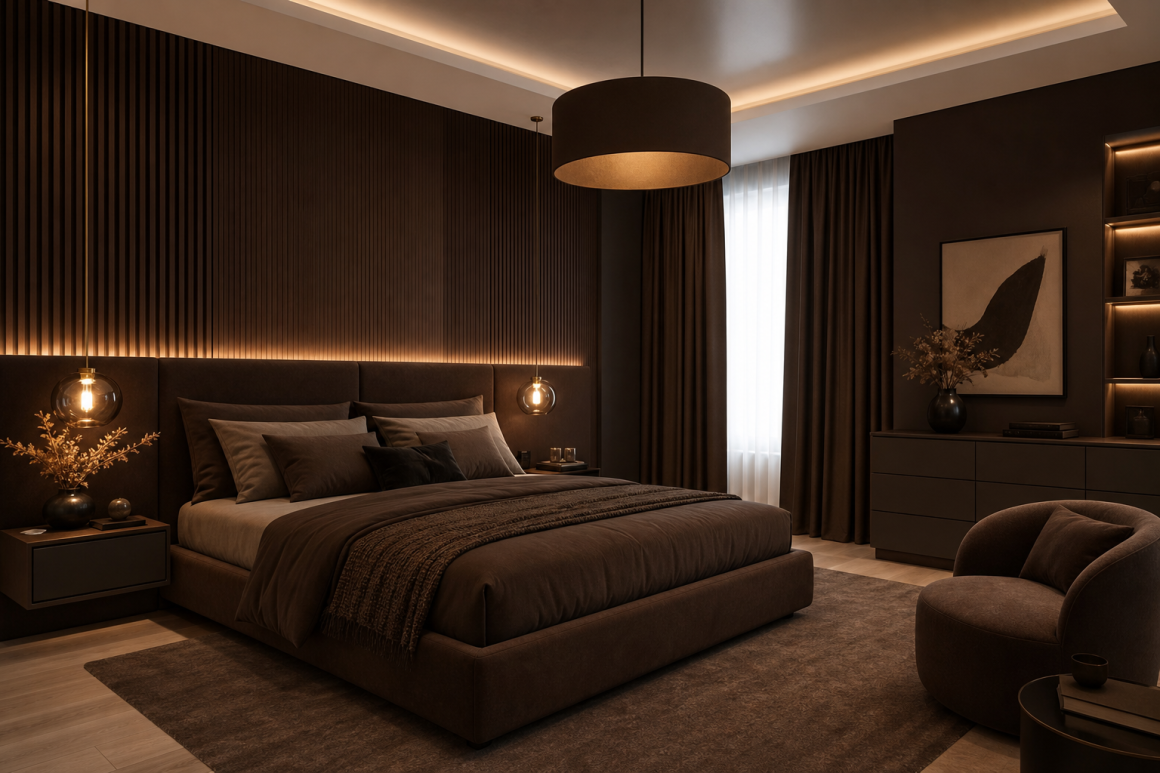 Chambre aux tons bruns profonds, éclairage doux, lit king-size et textures riches