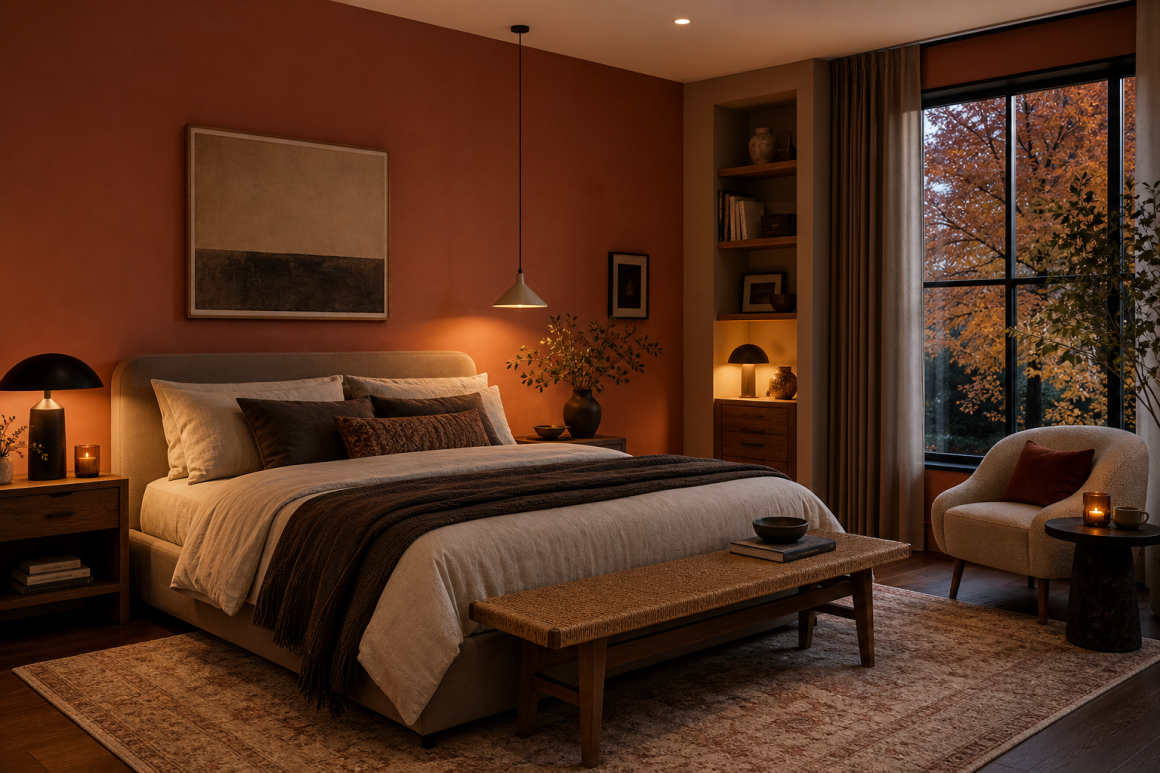 Chambre chaleureuse avec peinture Clay, éclairage tamisé, literie cosy, textures naturelles et fauteuil