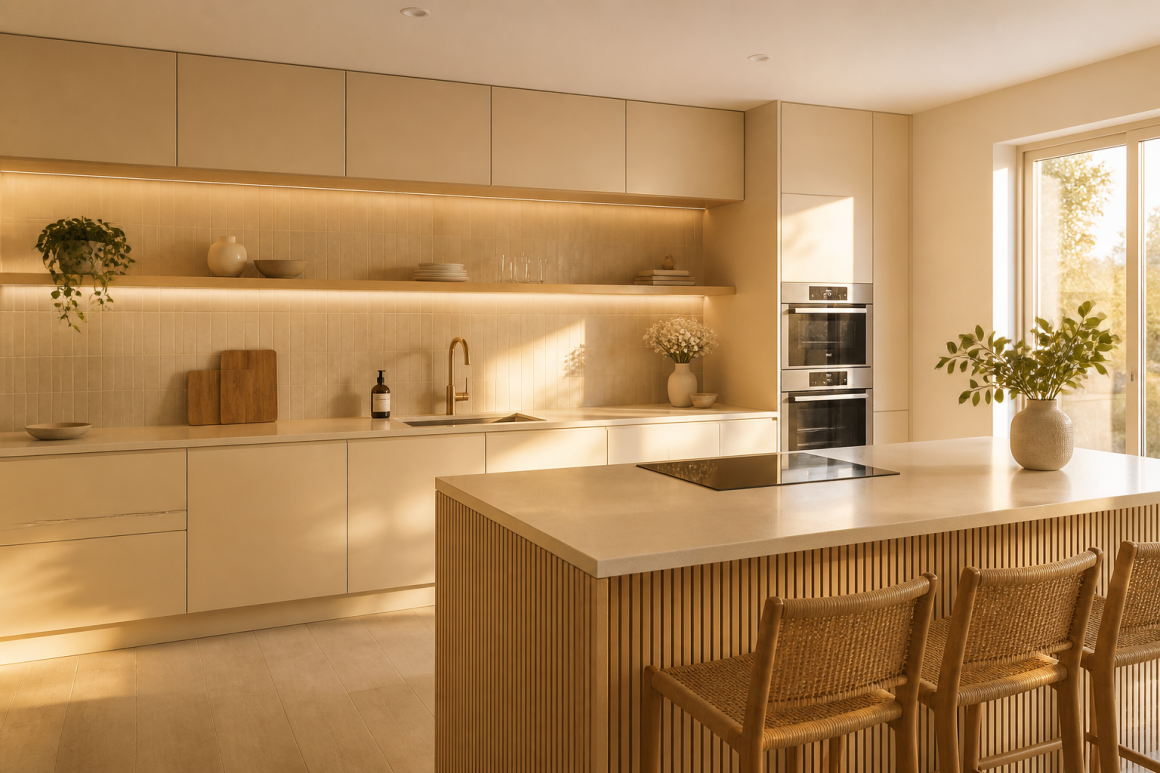 Cuisine aux tons beiges : îlot central en bois, chaises tressées, plantes et lumière naturelle