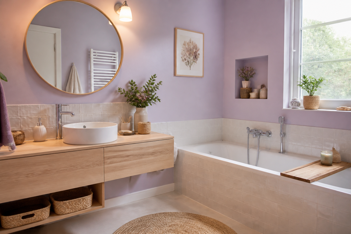 Salle de bain incluant murs lavande, meuble en bois, miroir, baignoire, plantes et accessoires naturels