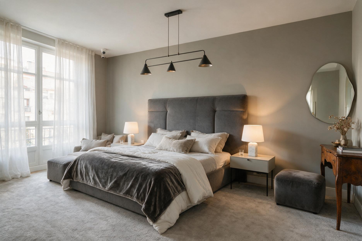 Chambre avec mur gris, grand lit capitonné, textiles doux, luminaires suspendus et miroir