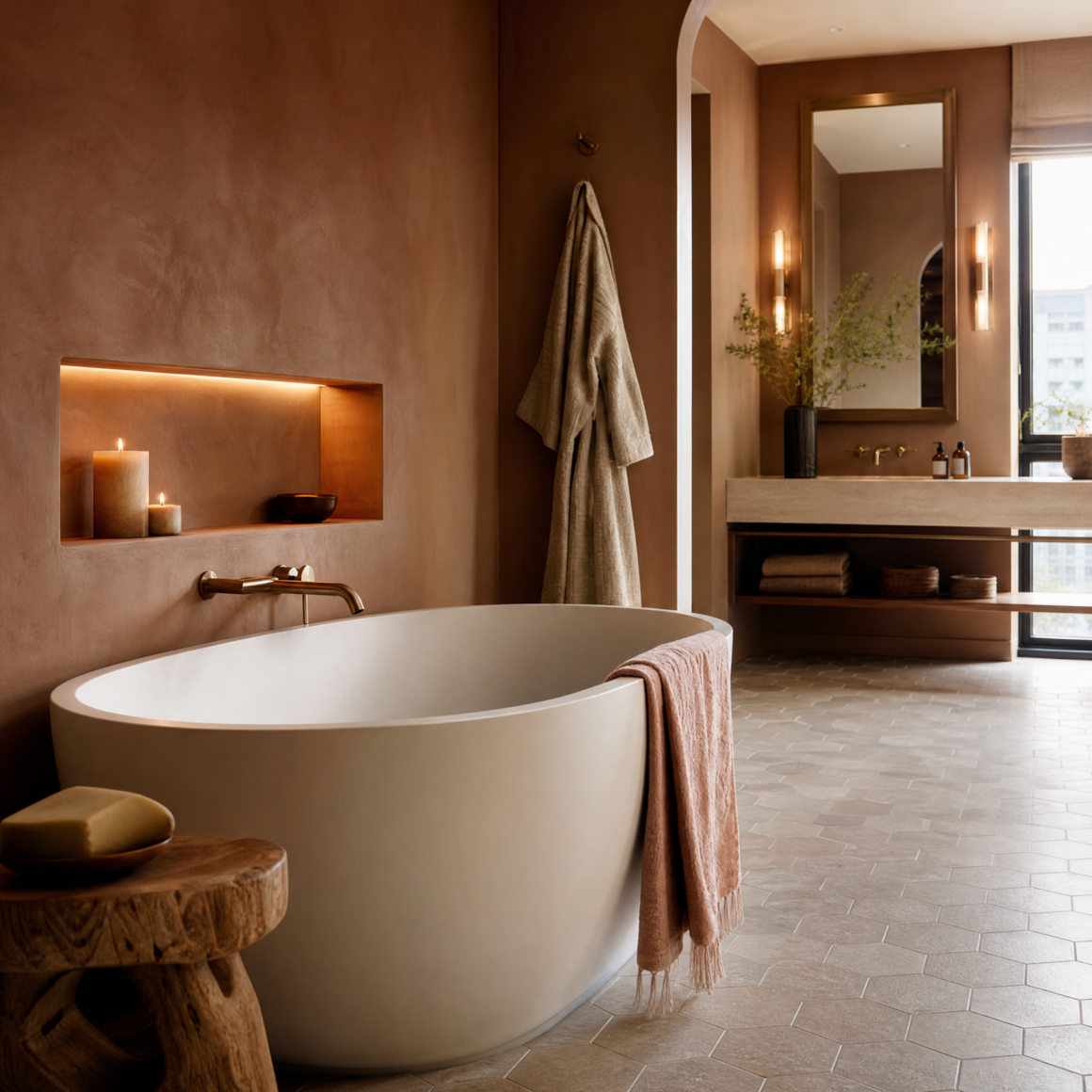 Salle de bain avec peinture Clay, aménagé avec baignoire ovale, lavabo en pierre, miroir et plante