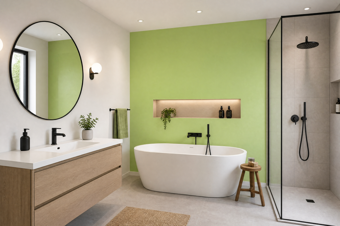 Salle de bain avec mur peint en vert prairie, baignoire îlot blanche, douche vitrée et meuble vasque en bois