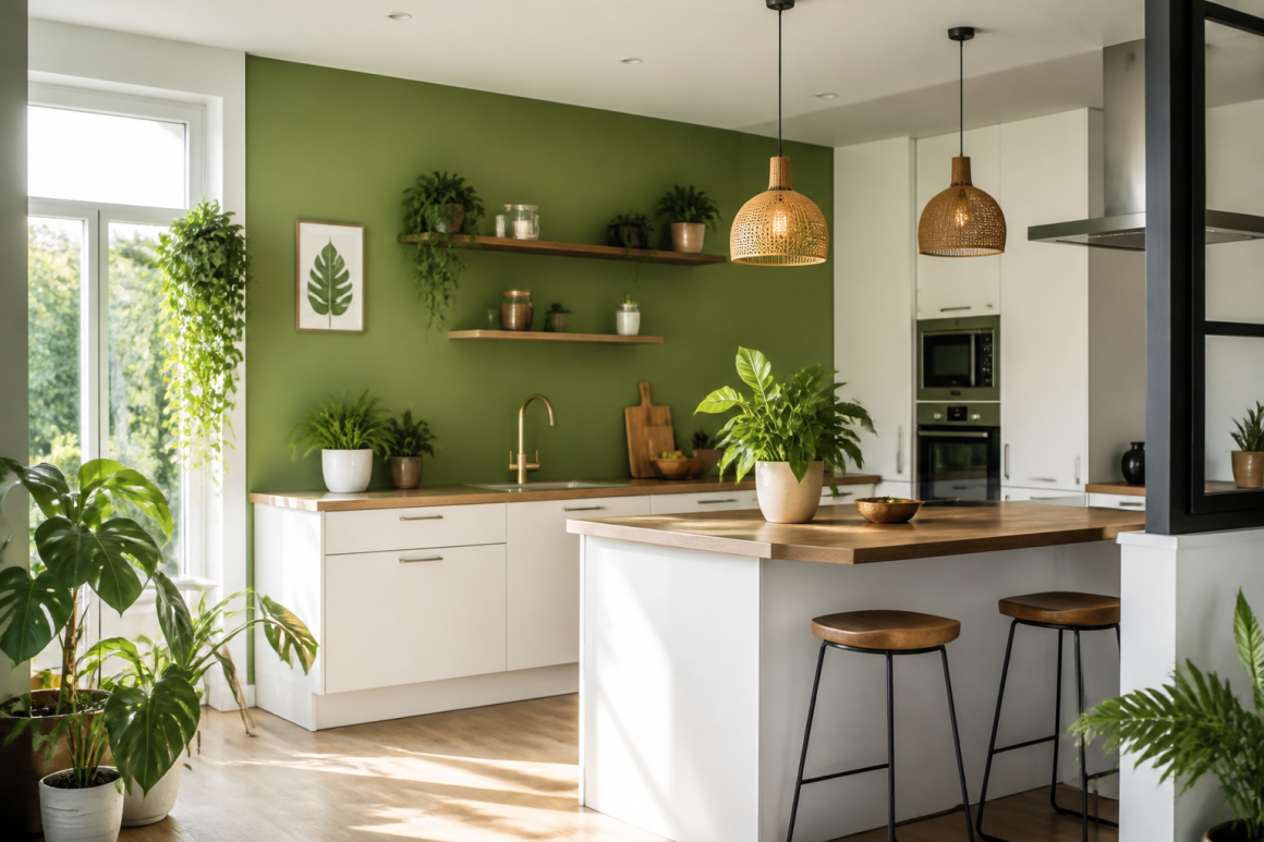 Cuisine lumineuse : murs verts, îlots en bois avec chaises hautes, luminaires en osier et plantes