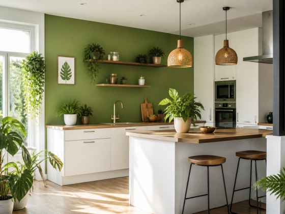 Cuisine lumineuse : murs verts, îlots en bois avec chaises hautes, luminaires en osier et plantes
