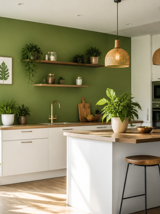 Cuisine lumineuse : murs verts, îlots en bois avec chaises hautes, luminaires en osier et plantes