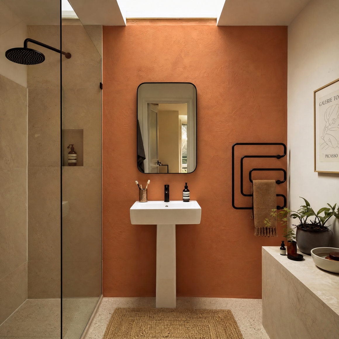 Petite salle de bain avec mur Clay, lavabo sur pied, miroir, douche vitrée et porte-serviettes
