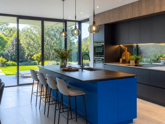 Cuisine moderne incluant îlot bleu, surfaces noires et bois, luminaires suspendus et grandes baies vitrées