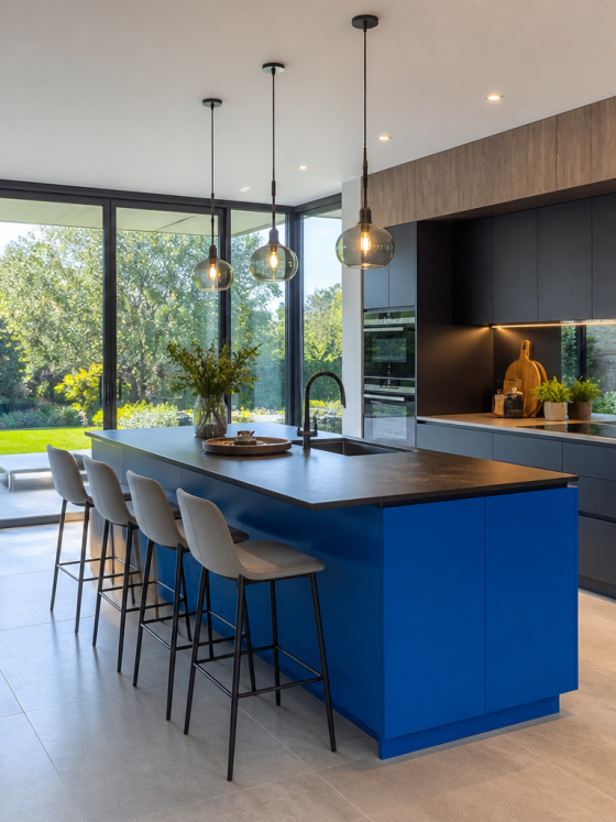 Cuisine moderne incluant îlot bleu, surfaces noires et bois, luminaires suspendus et grandes baies vitrées
