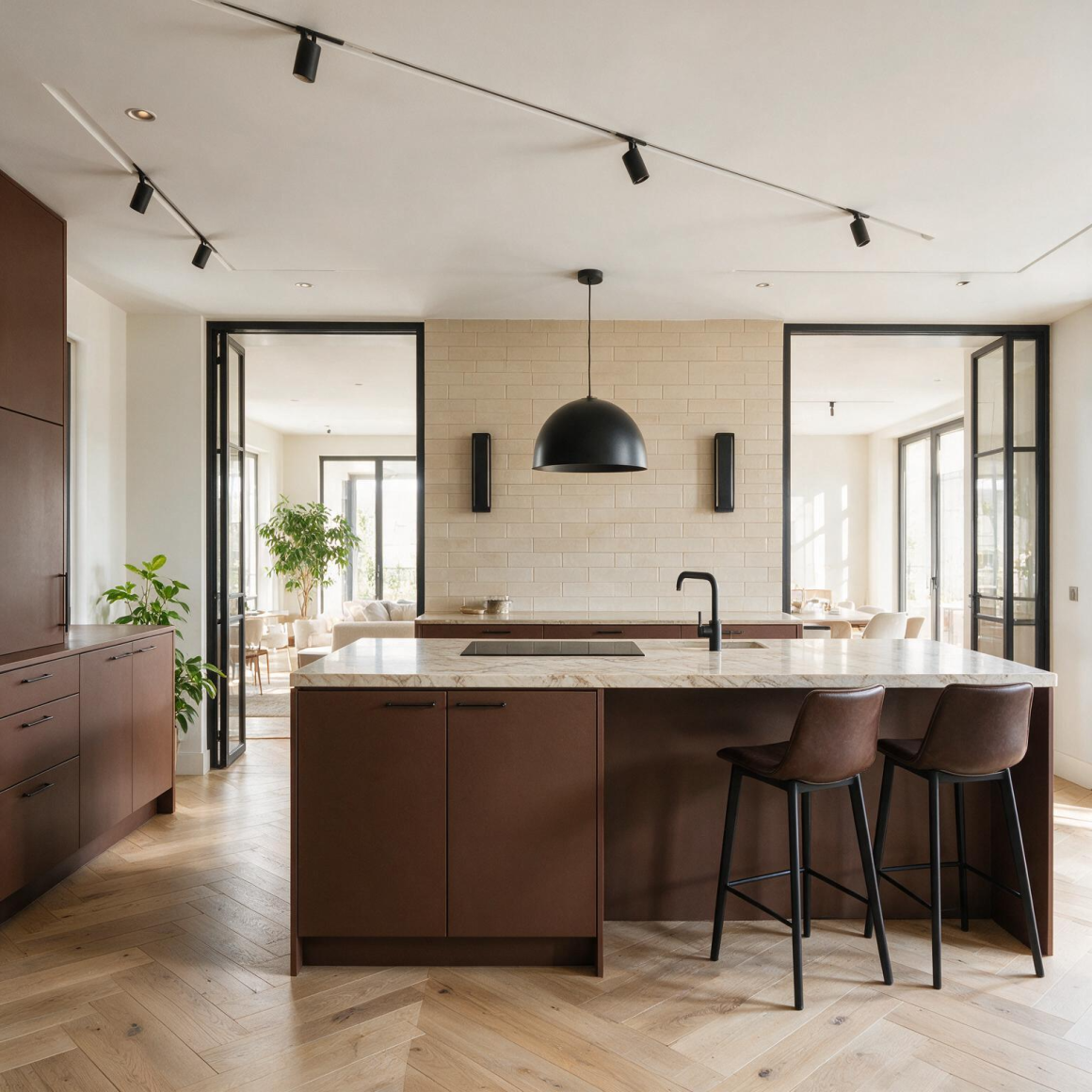 Cuisine moderne avec îlot en marbre, meubles brun, luminaires noirs, sol chevrons et plantes