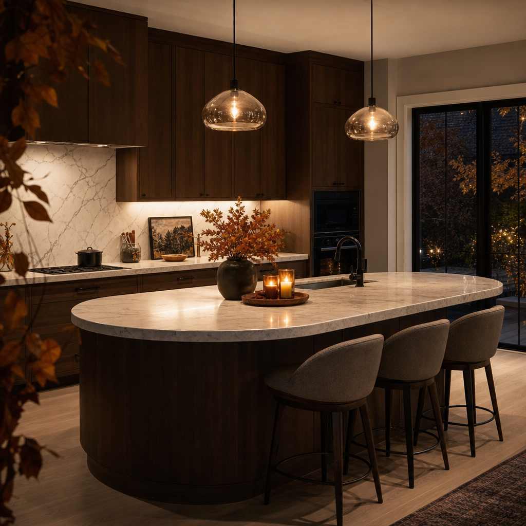 Îlot de cuisine en bois avec surface en marbre, tabourets, éclairage doux, bougies et décor automnal