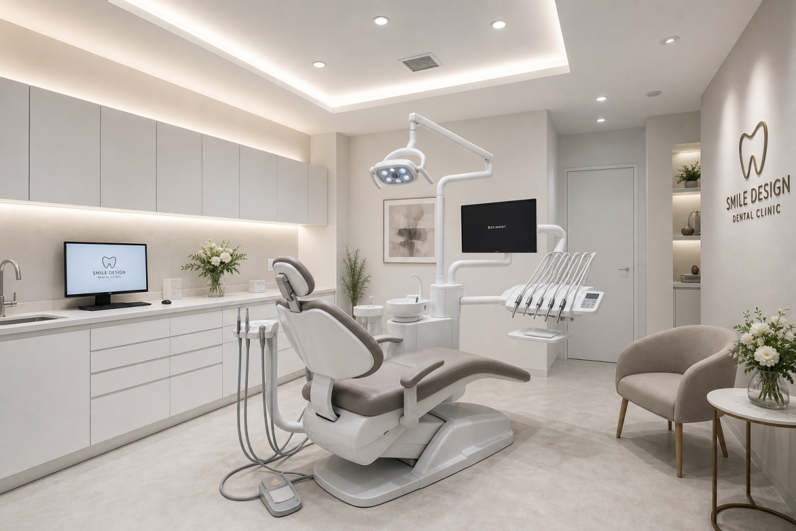 Cabinet dentaire épuré : fauteuil patient, instruments, écran, décor neutre et plantes