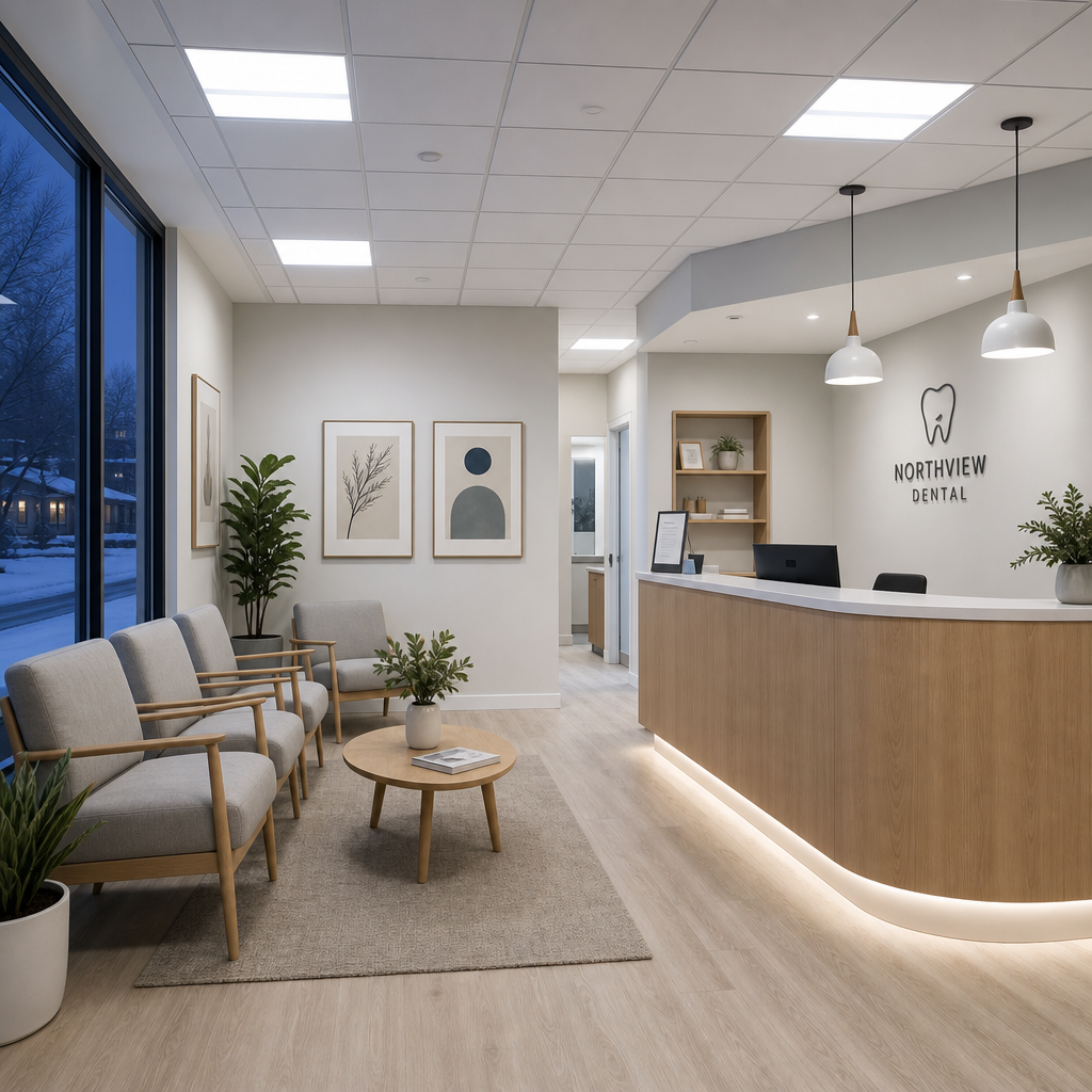 Salle d'attente d'un cabinet dentaire incluant fauteuils gris, table basse, plantes, et cadres minimalistes